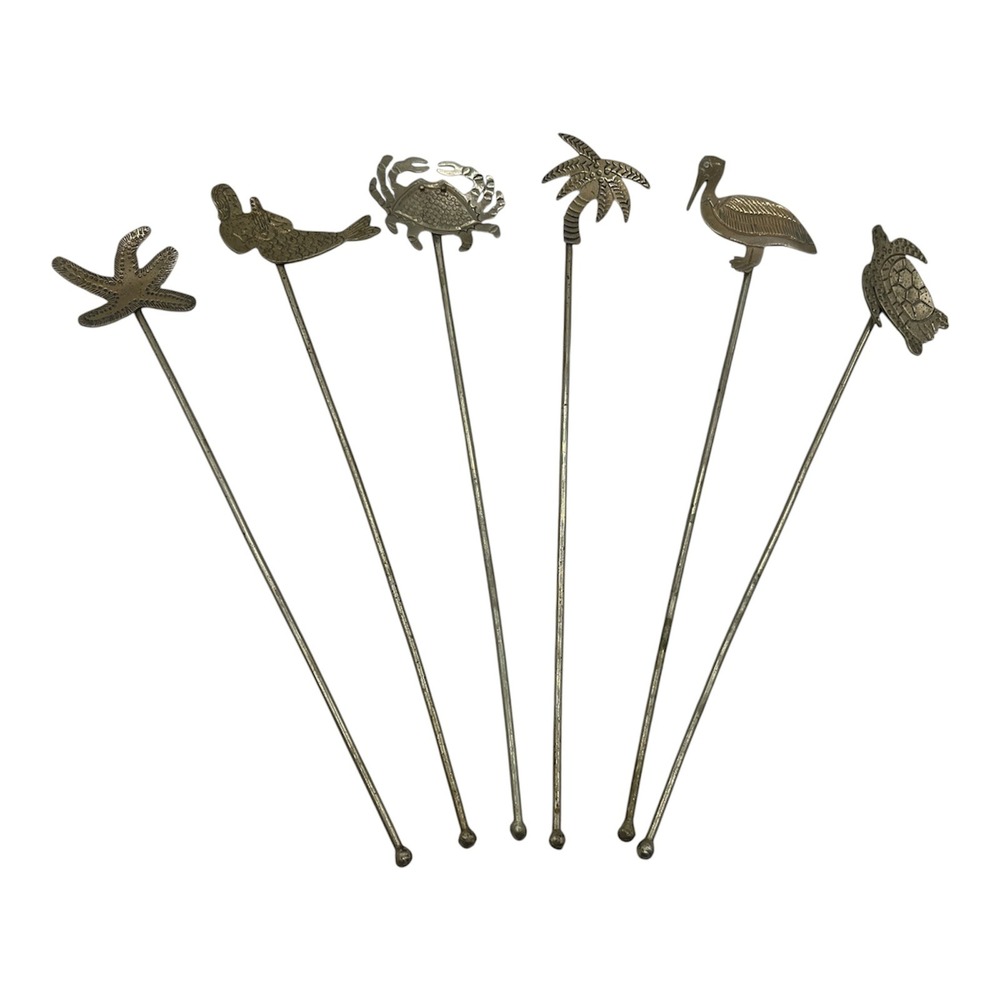 Vintage Brass Nautical Cocktail Swizzle Sticks Set of 6 Mermaid Tropical Coastal